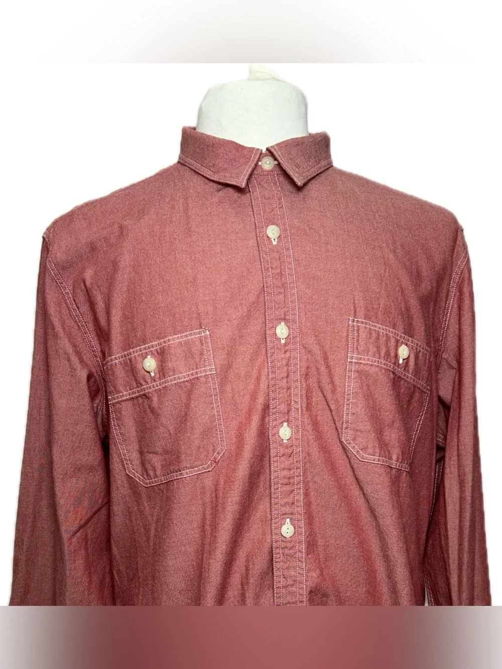 Vintage J Crew Chin Strap Chambray‎ Work Shirt Mens XL Red 80s 90s Two Button